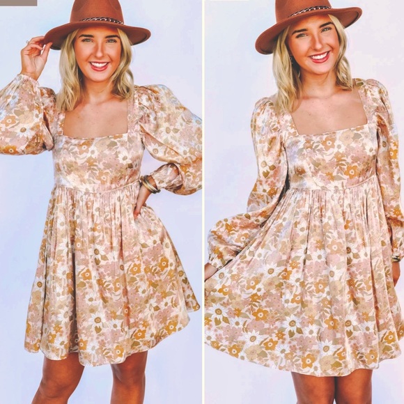 mittoshop Dresses & Skirts - MITTOSHO Blush Floral Neutral Baby Doll Puff Sleeve Boho Dress Size Medium